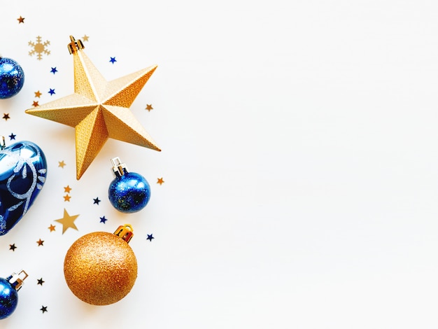 Christmas decoration background with golden and blue balls