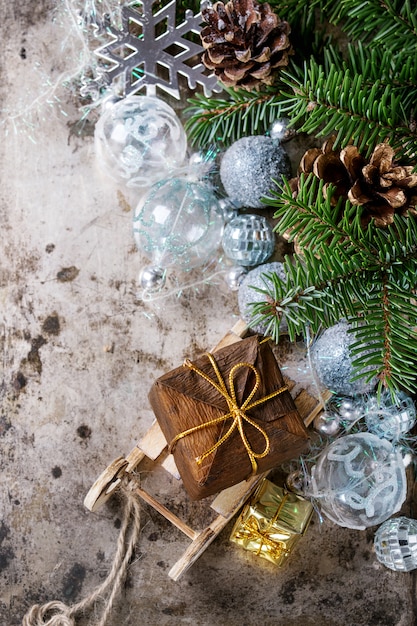 Christmas decoration card with toys and tree