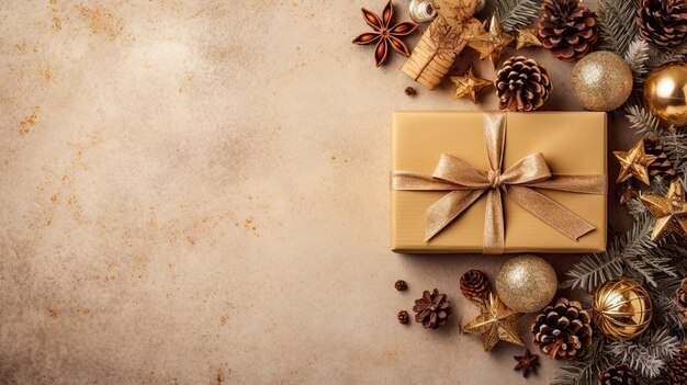 Christmas Decoration Composition On Light Gold Background with Beautiful Golden Gift Box