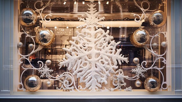 Photo christmas decoration details on english styled luxury high street city store door or shopping window