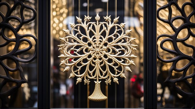 Photo christmas decoration details on english styled luxury high street city store door or shopping window