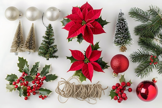 Christmas Decoration Elements Flat Lay with Red Poinsettia Holly Berries Pine Branches and Ornaments