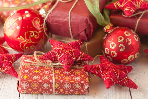 Christmas decoration gift box on table