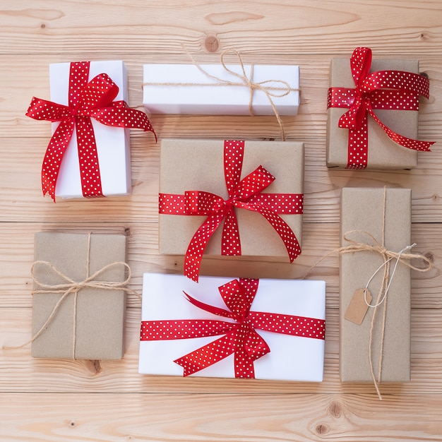 Christmas decoration, gift boxs on wooden background, preparation for holiday concept