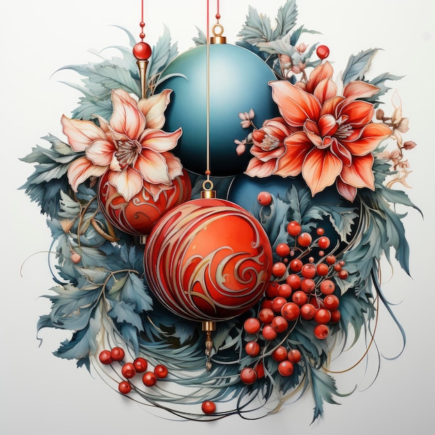 Christmas decoration gifts and ornaments illustrated in watercolor with white background