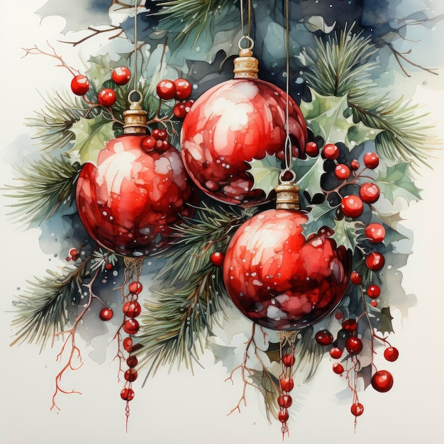 Christmas decoration gifts and ornaments illustrated in watercolor with white background