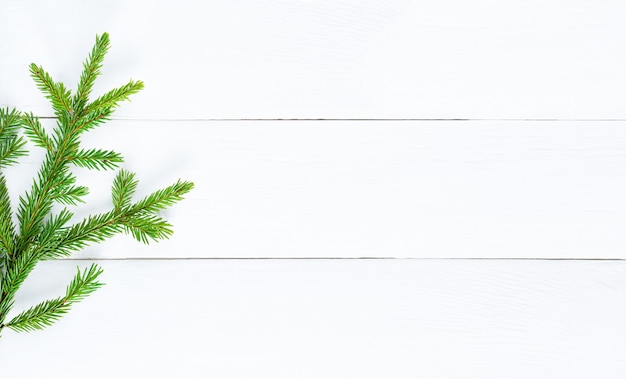 Christmas decoration green fir branches on white wooden board.