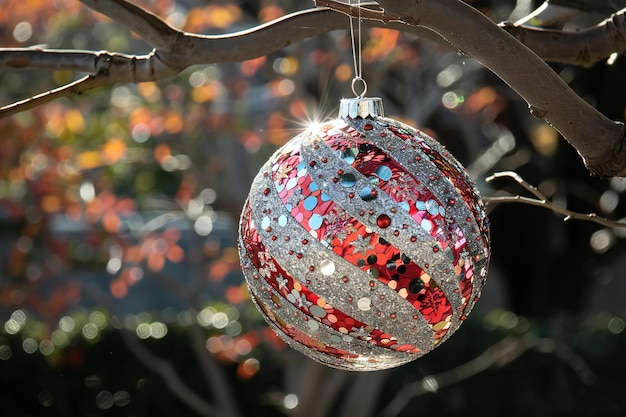 Christmas decoration hanging on tree in the garden Christmas and New Year concept