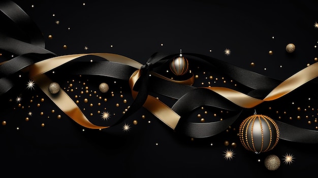 Christmas decoration made of dark Christmas balls stars and ribbons on a dark background