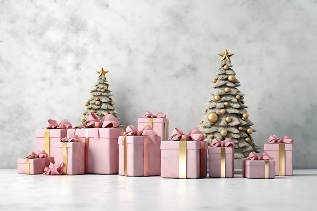 Christmas decoration and pink gift boxes with pink bowsr Generative AI