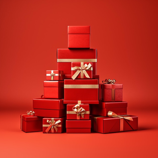 A christmas decoration red gift boxes on isolated red background