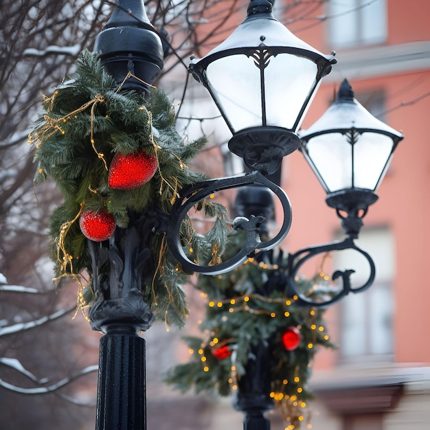 Christmas decoration of street lamps on city streets