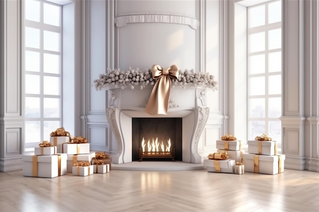 Christmas decoration and white gift boxes with golden bows in interior Generative AI