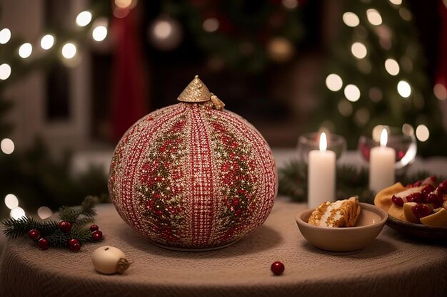 a christmas decoration with a candle and a candle on a table