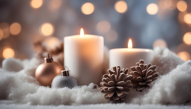 a christmas decoration with a candle and a christmas tree in the background