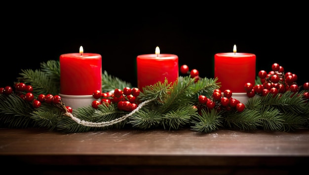 Christmas decoration with candles and fir branches on wooden board