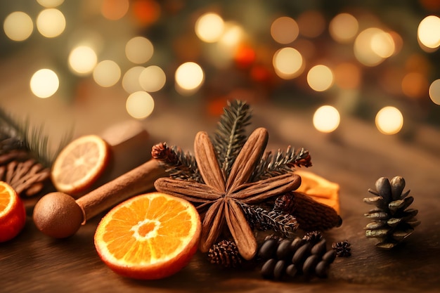 Christmas decoration with cinnamon star anise and orange on wooden background