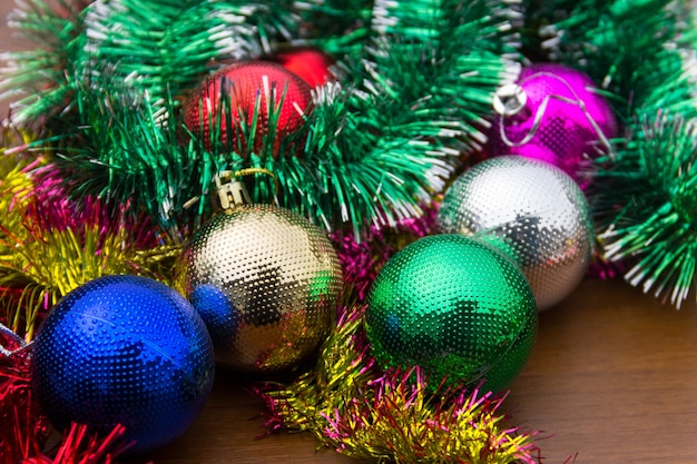 Christmas decoration with colored xmas balls and tinsel