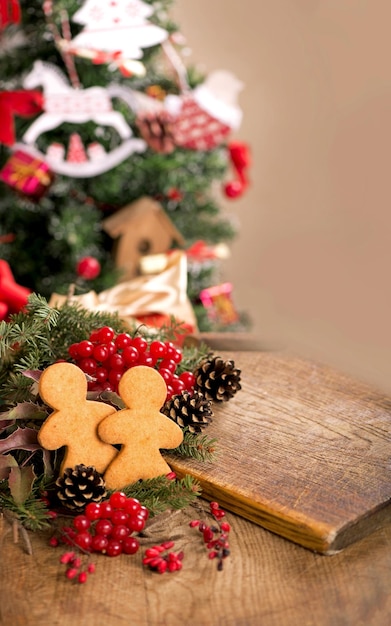 Christmas decoration with cookies on an old wooden background