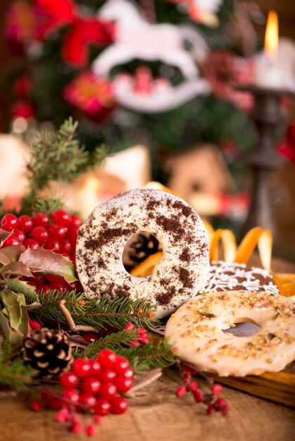 Christmas decoration with cookies on an old wooden background