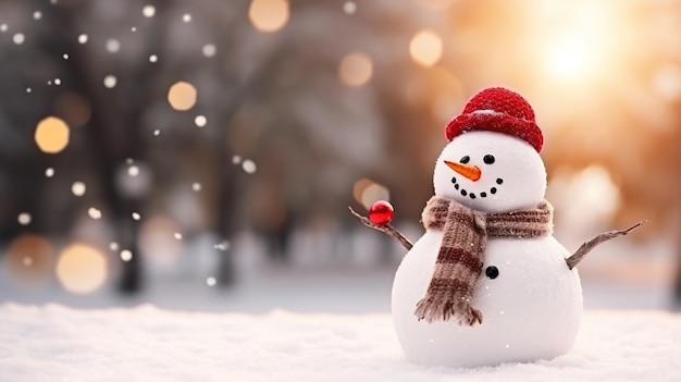 Christmas decoration with a cute cheerful snowman in the snow in a winter park with beautiful bokeh