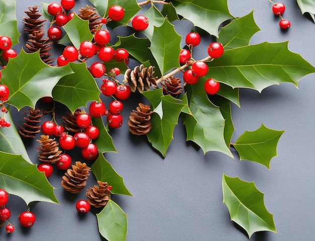 christmas decoration with fir branches and holly berries on wooden background