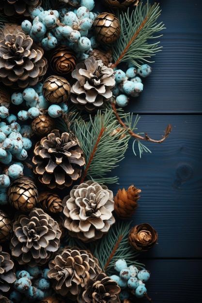 Christmas decoration with pine cones Christmas background with space for text Generative AI