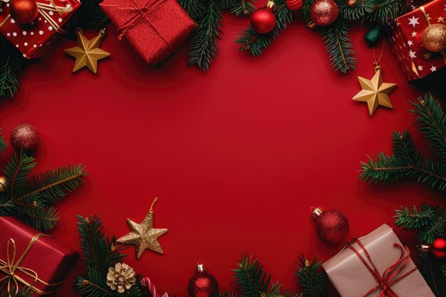 a christmas decoration with a red background with a christmas tree and presents