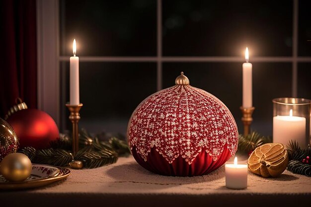 a christmas decoration with a red ball and candles in front of a window