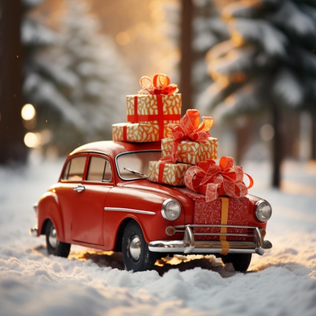 Christmas decoration with a toy car carrying a Christmas tree and gifts in the snow in a winter par