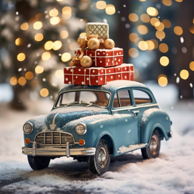 Christmas decoration with a toy car carrying a Christmas tree and gifts in the snow in a winter par