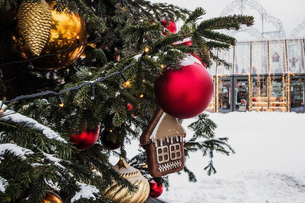 Christmas decorations and balls on the branches of the Christmas