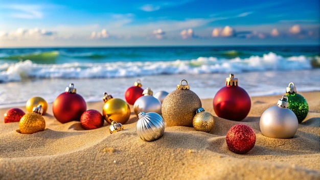 christmas decorations on the beach with the ocean in the background