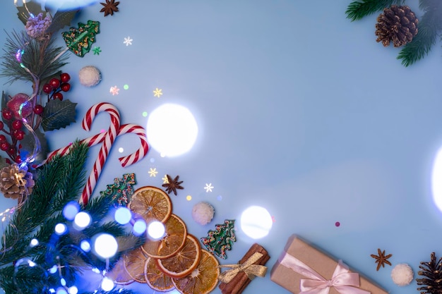 Christmas decorations on a blue background Top view of the Christmas ornament with copy cpase