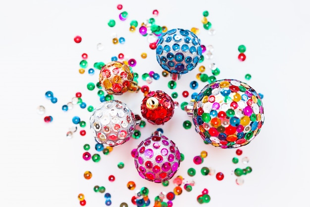 Christmas    decorations  bright balls, hand made  colorful sparkling spangles.