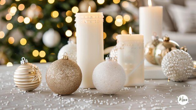 Christmas Decorations Candles Ornaments and Sparkling Lights