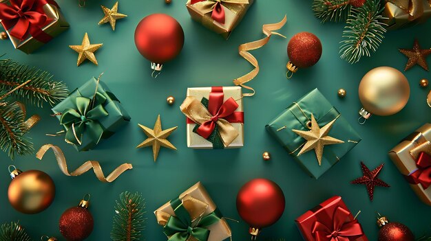 Christmas decorations concept Top view photo of present boxes with ribbon bows red g Generative AI