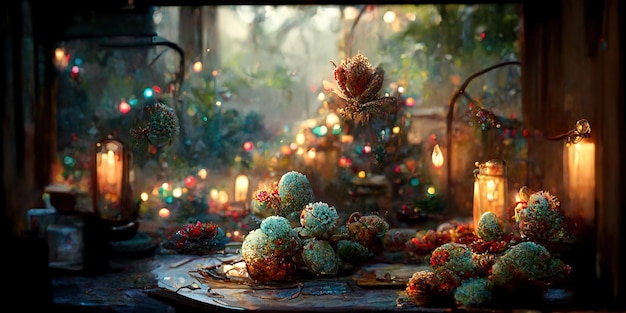 Christmas decorations. Digital illustration. Painting. Beautiful scenario