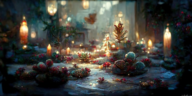 Christmas decorations. Digital illustration. Painting. Beautiful scenario