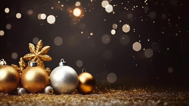 Christmas decorations on a gold glitter background