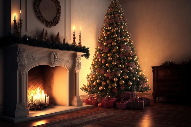 Christmas decorations inside a magical tree a fireplace and presents