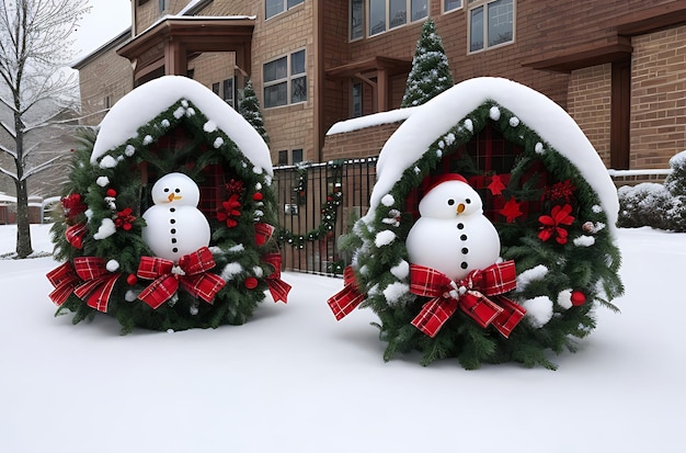 Christmas decorations nestled in snow