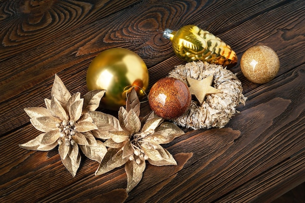 Christmas decorations New Years decorations on a dark wooden background