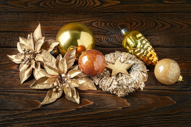 Christmas decorations New Years decorations on a dark wooden background