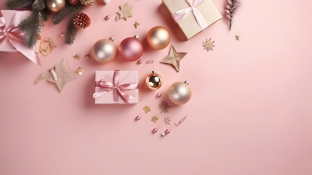 Christmas decorations on a pink background