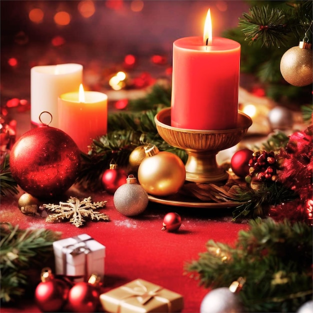 Christmas decorations on a red table