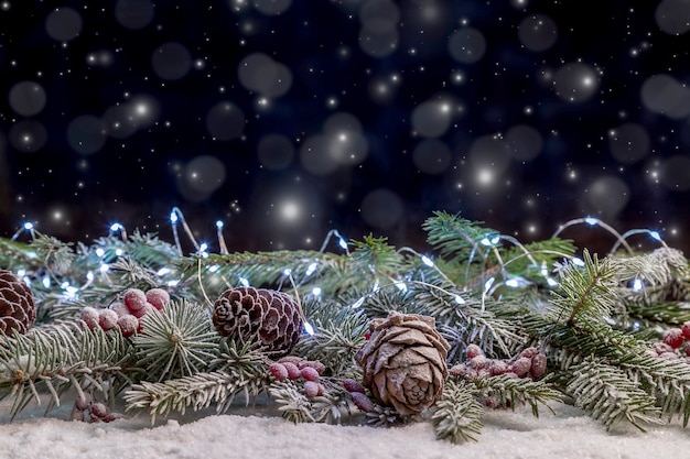 Christmas decorations on a snow-covered background. Copy Space.