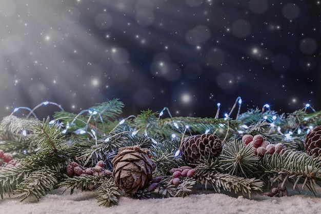 Christmas decorations on a snow-covered background. Copy Space.