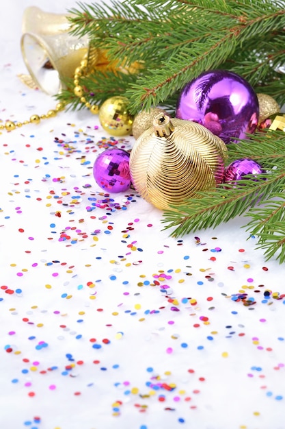 Christmas decorations on a spruce branch