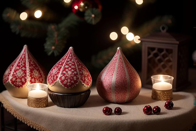 Photo christmas decorations on a table with a candle in the background